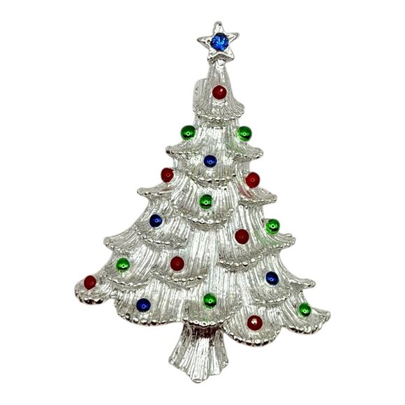VNTG Gerrys Christmas Tree Brooch w/ Blue Star Topper & Multicolor Rhinestones - Picture 1 of 8